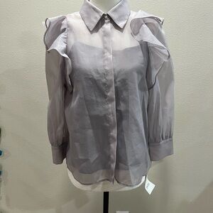 Chic Grey Sheer Blouse with Ruffled Sleeves